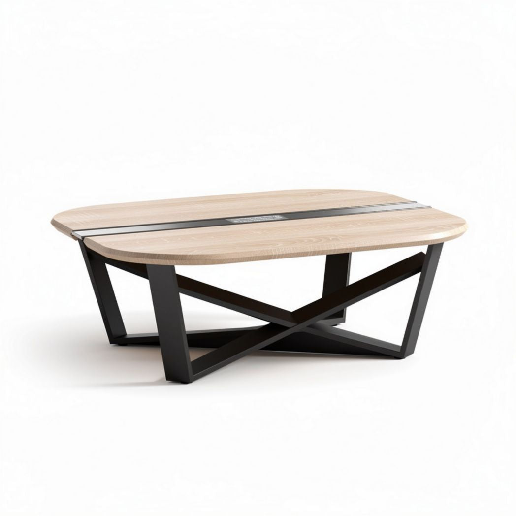 Mesa de centro retangular em madeira clara e estrutura metálica 120 x 80 x 40cm