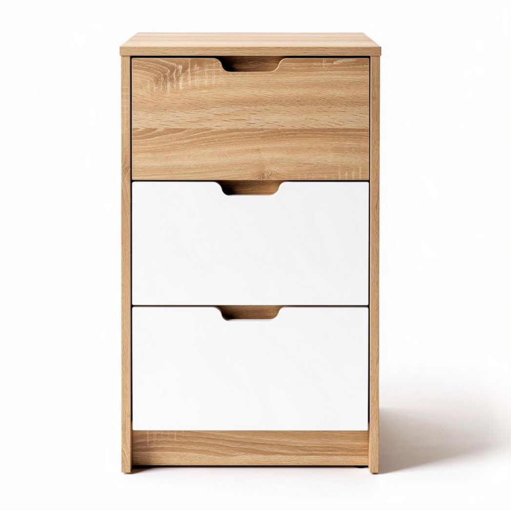 Cômoda em madeira natural com gavetas brancas dimensões 40 x 30 x 70cm