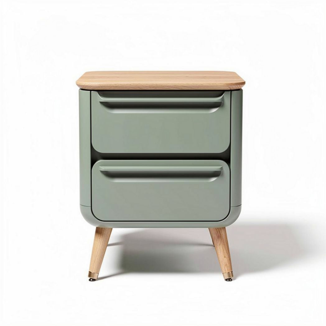 Mesa de cabeceira verde com tampo em madeira e gavetas 45 x 40 x 55cm