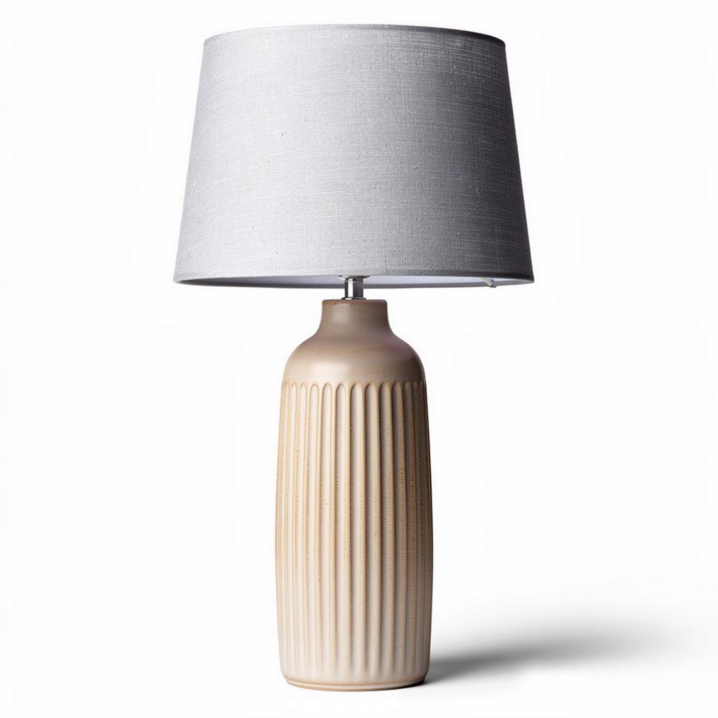 Luminária de mesa em cerâmica beige com cúpula cinza 30 x 30 x 65cm