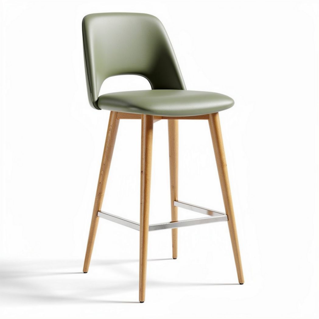 Cadeira alta verde em plástico com pés de madeira e suporte em metal 45 x 45 x 95cm