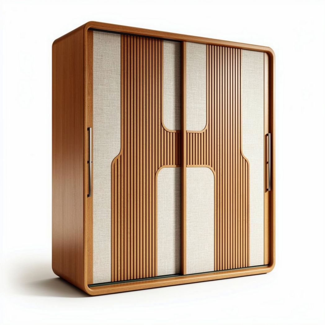 Armário de madeira com portas de tecido em cor natural dimensões 120 x 60 x 180cm