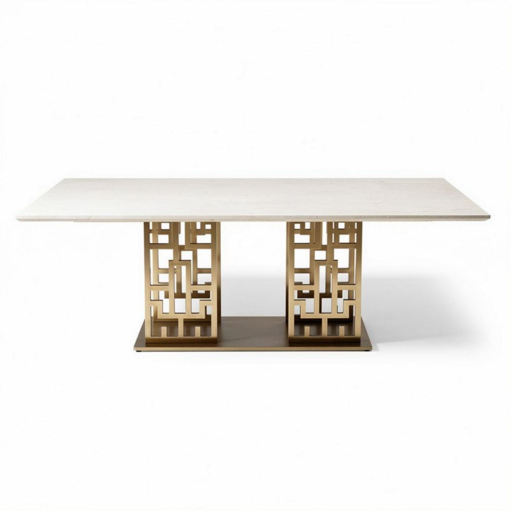 Mesa de jantar em madeira com acabamento em metal dourado 150 x 80 x 75cm