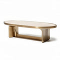 Mesa de centro ovalada em metal dourado com tampo em mármore 120 x 60 x 45cm