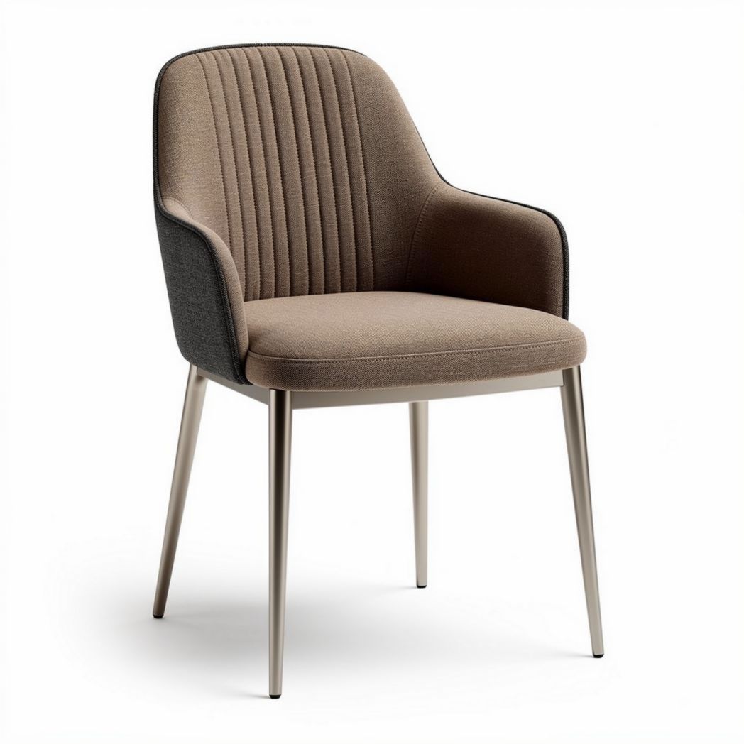 Cadeira de design contemporâneo em tecido marrom e estrutura metálica 45 x 55 x 85cm