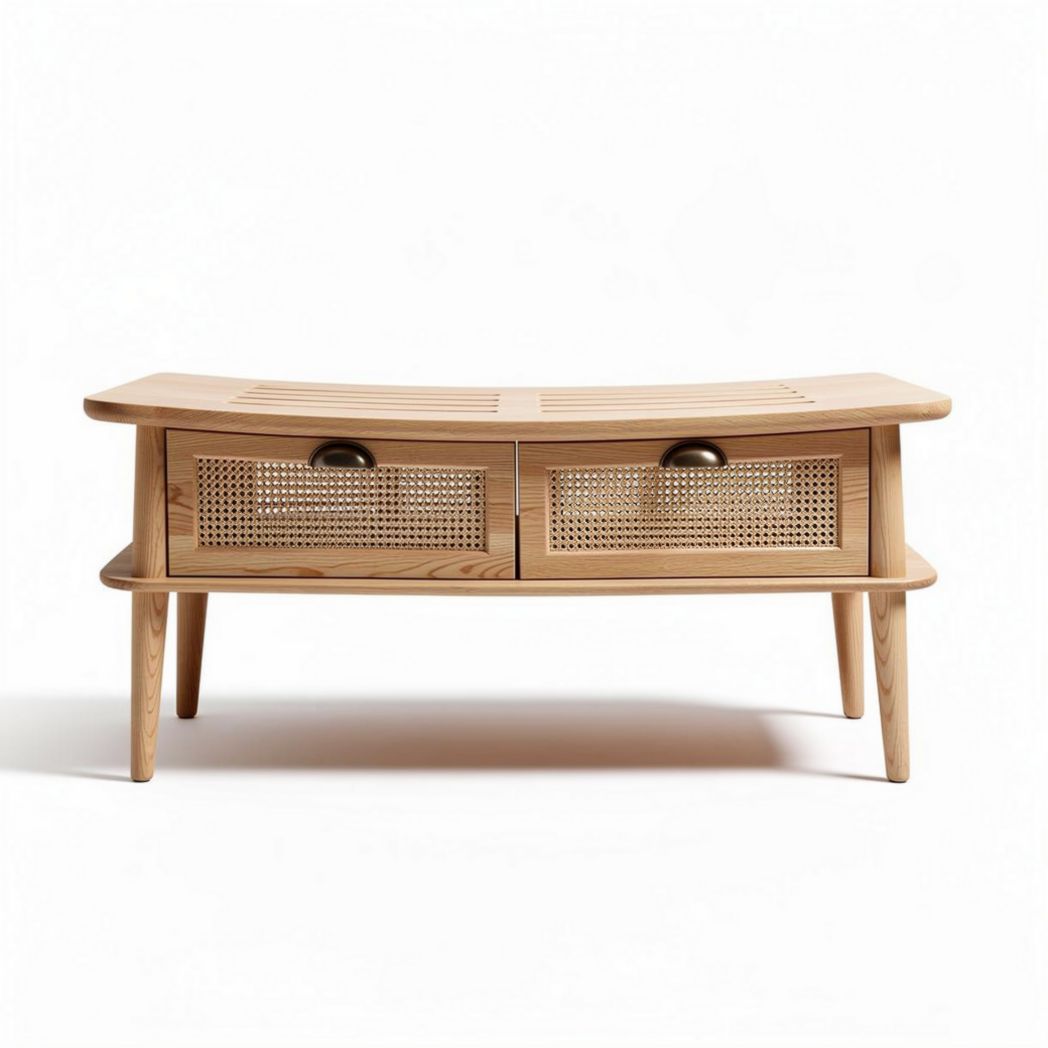 Mesa de centro em madeira com portas em vime 120 x 60 x 40cm
